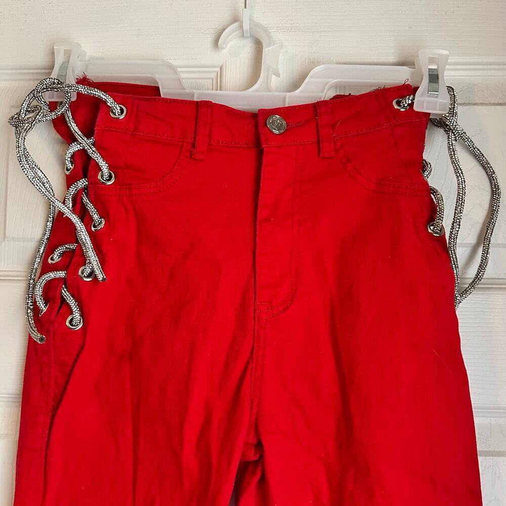 Blue Topic Women Red Jeans Tie Up Sides Size Medium Sparkle Laces - Picture 8 of 8